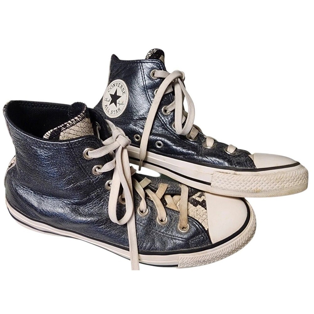 CONVERSE Leather HI Top Metallic Blue Size 8 Snakeskin Accents Authentic Glam